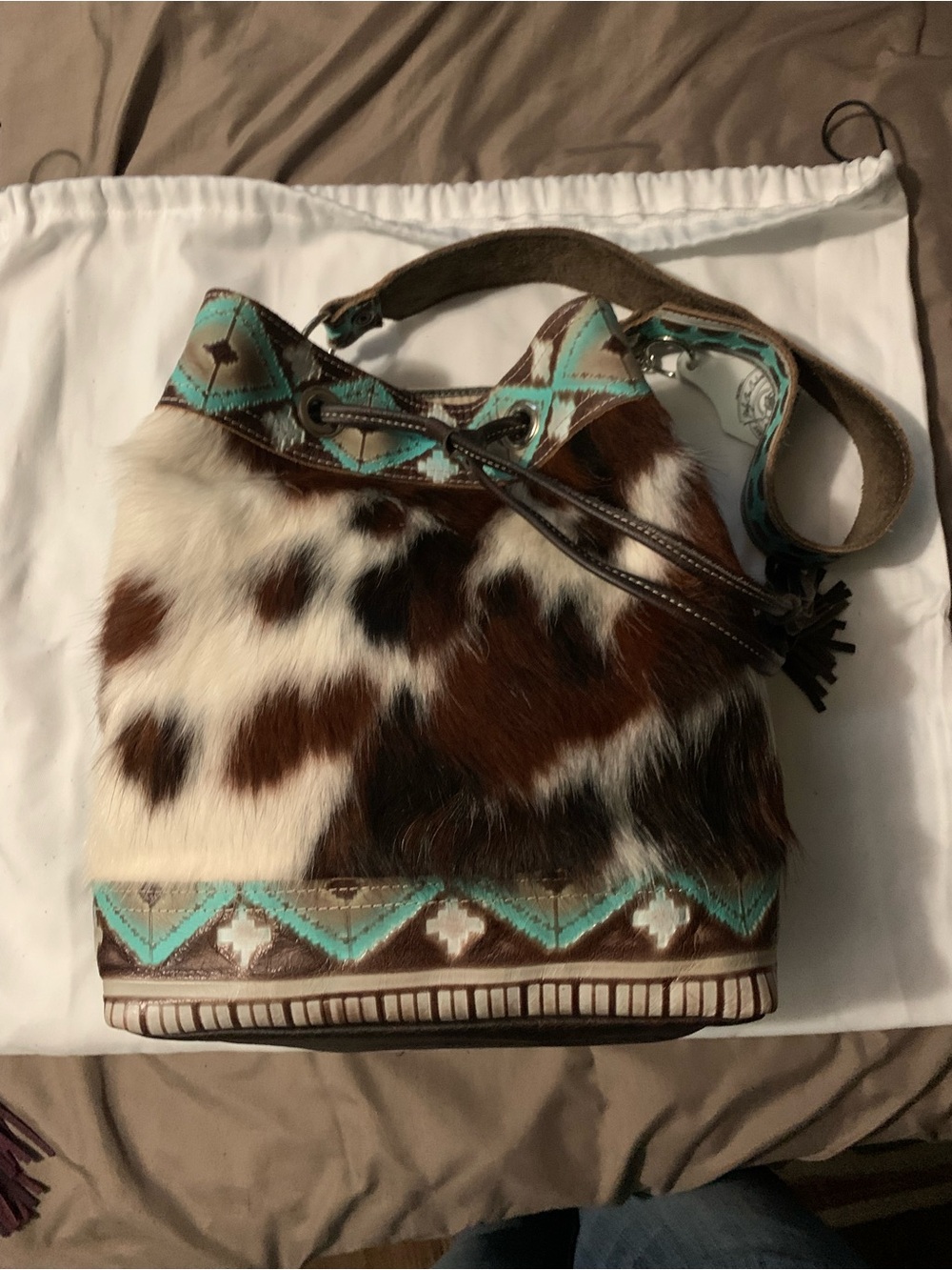 HCC, Cowhide Bucket Bag with Turquoise Accents